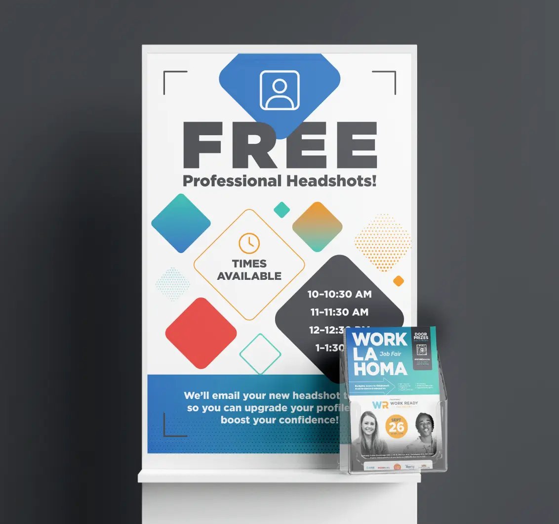Free professional headshots sign and WORKlahoma flyer